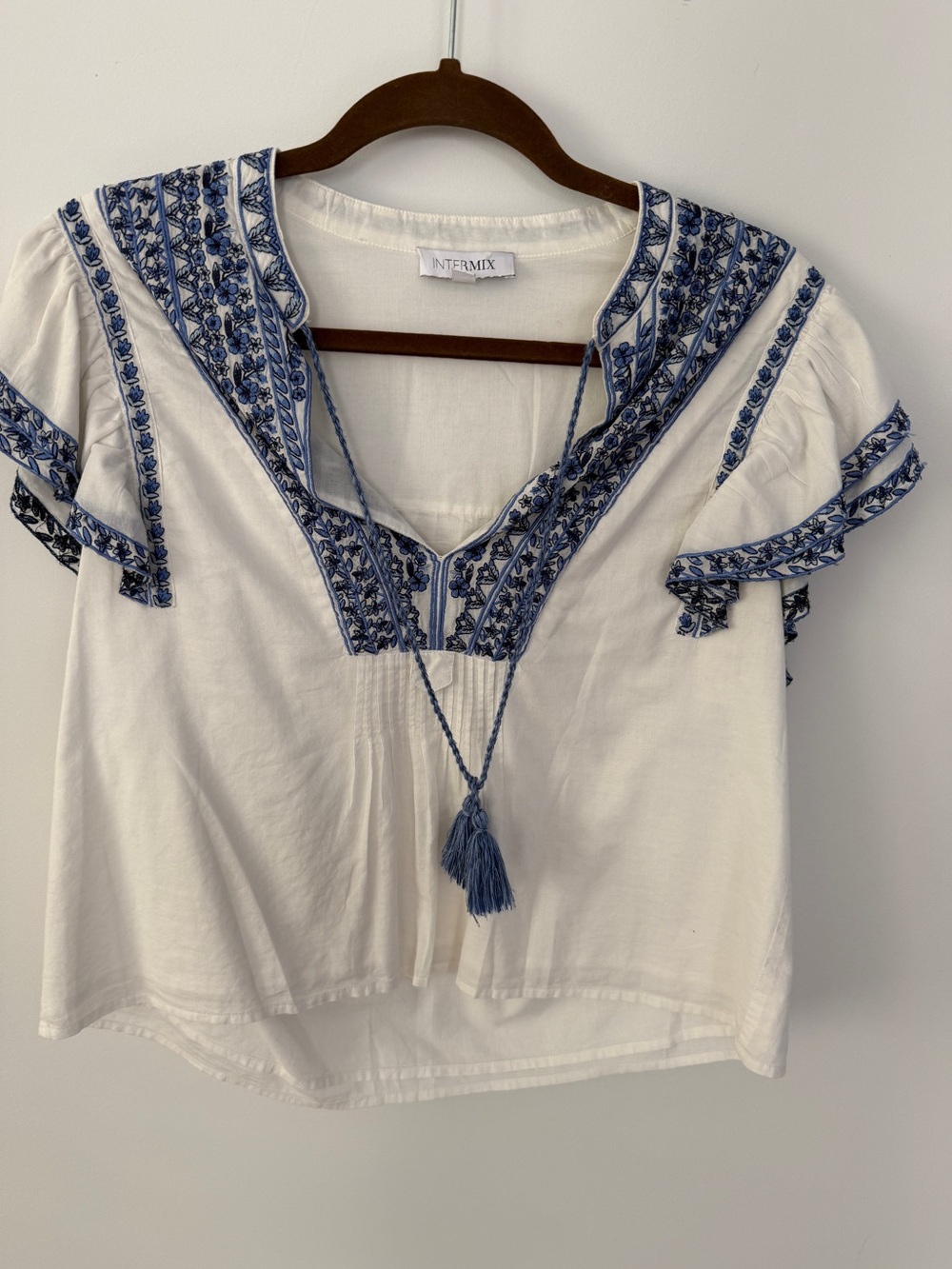INTERMIX White Peasant Blouse with Blue Embroidery and Tassel
